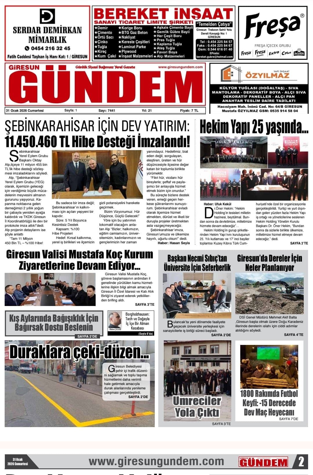 11.450.460 TL’LİK YATIRIM BÜTÇESİ ŞEBİNKARAHİSAR’IN EMRİNDE!